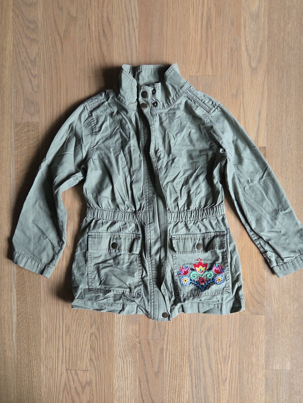 Hanna Andersson Olive Green Jacket with Colorful Pocket Embroidery